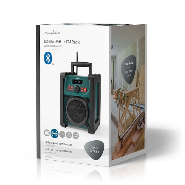 Nedis DAB+ Radio | Radio på Byggepladsen | DAB+ / FM | 2.2 " | Sort hvid skærm | Batteri / Strømforsyning | Digital | 15 W | Bluetooth® | Vækkeur | Sl