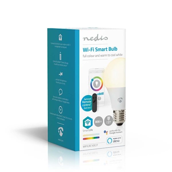 Nedis SmartLife Fuld Farve Pære | Wi-Fi | E27 | 806 lm | 9 W | RGB / Varm til kølig hvid | 2700 - 6500 K | Android™ / IOS | Pære | 1 stk