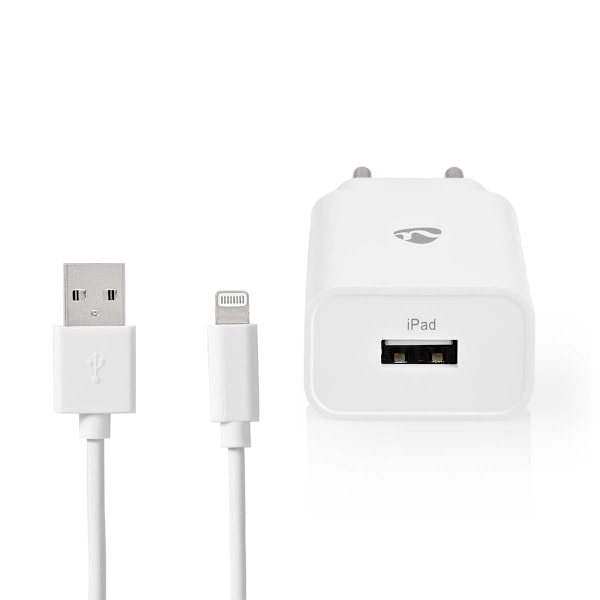 Nedis Väggladdare | 12 W | Snabbladdnings funktion | 1x 2.4 A A | Antal utgångar: 1 | USB-A | Lightning 8-Pin (Lös) Kabel | 1.00 m | Single Voltage Ou