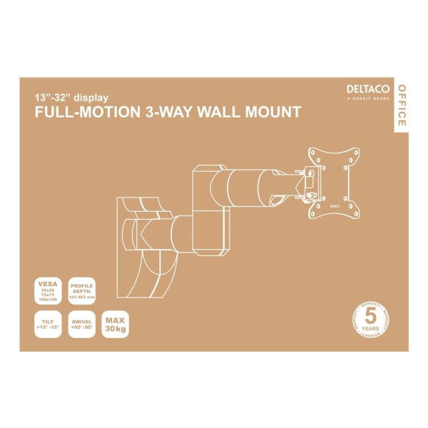 DELTACO OFFICE Full-motion wall mount, invisible cable managemen