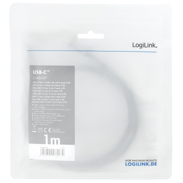 LogiLink USB-C-kabel USB 3.2 Gen2 PD 3.0 100W 10Gbps 4K/60Hz Alu