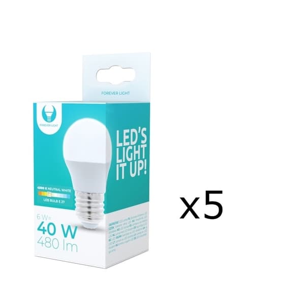LED-lamppu E27, G45, 6W, 4500K 5-pack, valkoinen neutraali