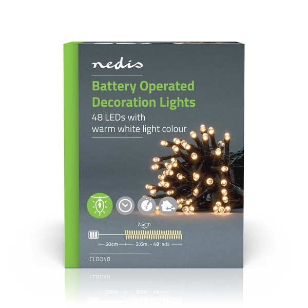 Nedis Julebelysning | Snor | 48 LED's | Varm Hvid | 3.60 m | Lyseffekter: 7 | Indendørs eller udendørs | Batteri