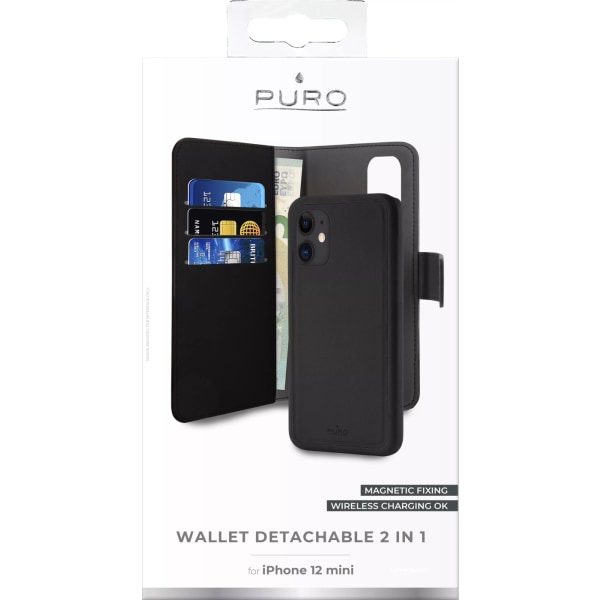 Puro iPhone 12 Mini EcoLeather Wallet Detach. black Svart