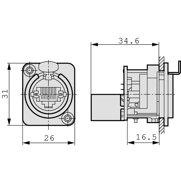 Neutrik RJ45 gennemføringsbeholder, D-formet metalflange med låselås, monteringsskruer inkluderet