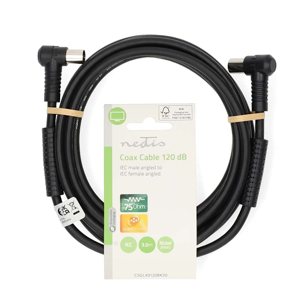 Nedis Koaksiaalikaapeli | IEC (Coax) Uros | IEC (Coax) Naaras | Niklattu | 120 dB | 75 Ohm | Nelinkertainen suojaus | 3.00 m | Pyöreä | PVC | Musta |