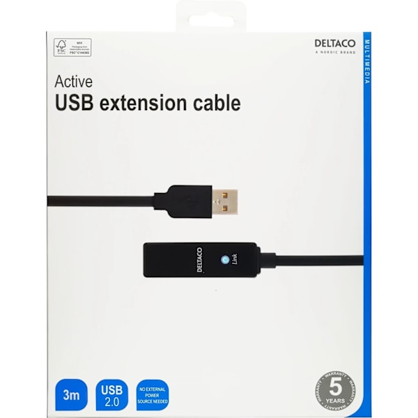 DELTACO PRIME USB förlängningskabel, aktiv, USB 2.0, 3m, svart (USB2-EX3M)
