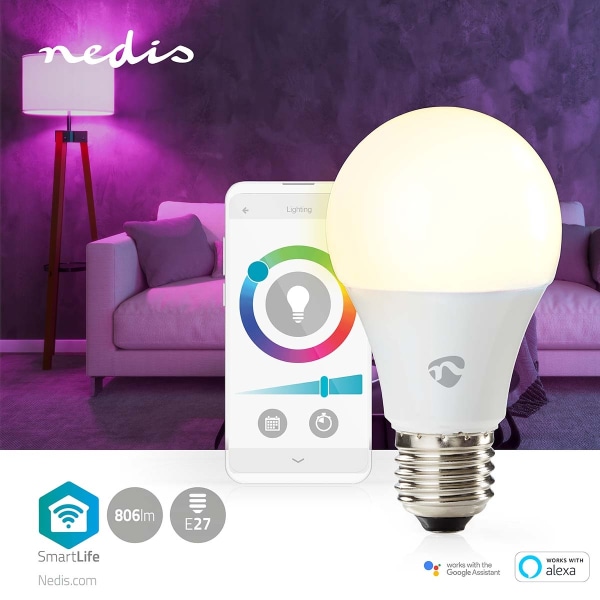 Nedis SmartLife RGB Lamppu | Wi-Fi | E27 | 806 lm | 9 W | Lämpimästä kylmään valkoiseen / RGB | 2700 - 6500 K | Android™ / IOS | polttimo | 1 kpl