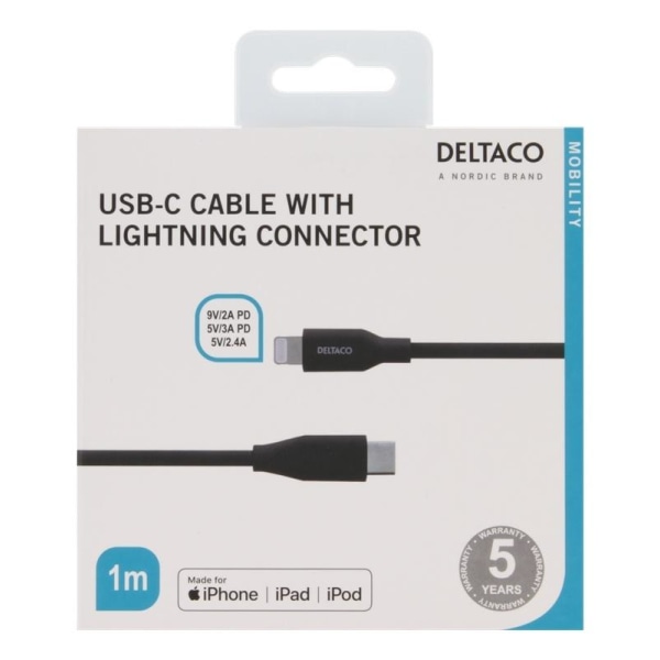 DELTACO USB-C - Lightning-kaapeli, 1m, 9V/2A 5V/3A PD, musta