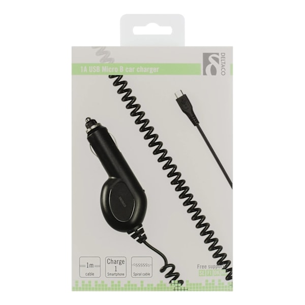 DELTACO Autolaturi, Micro USB, 1A, 12-24V, 1m kierrekaapeli, musta