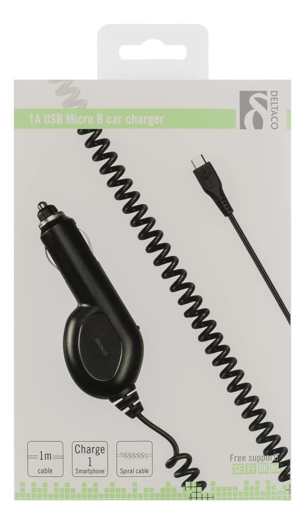 DELTACO Car Charger with Micro USB, 1A, 12-24V, 1m spiral cable, black