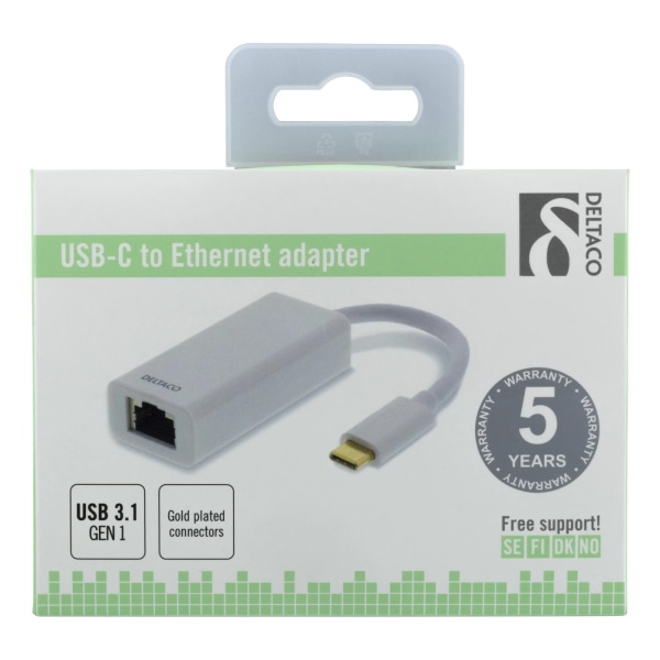 DELTACO, USB 3.1 netværksadapter, 1xRJ45, 1xUSB-C han, hvid