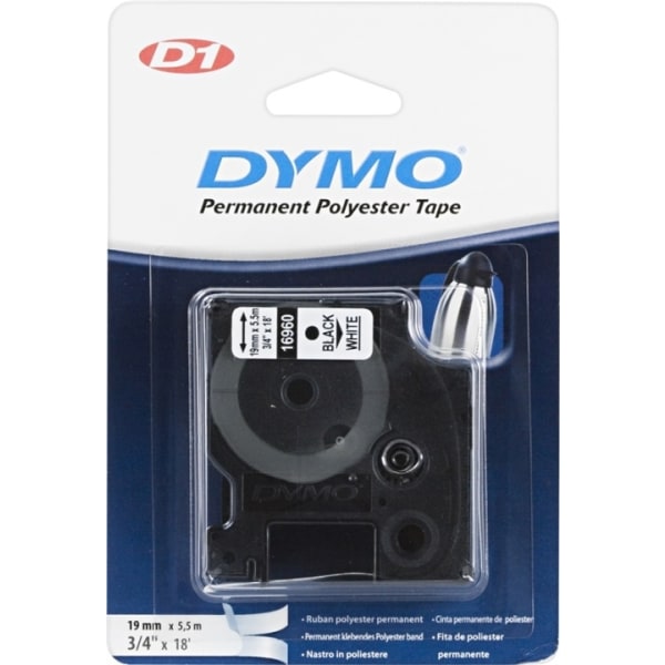 DYMO D1, markeringstape i nylon, 19 mm, sort tekst på hvid tape,