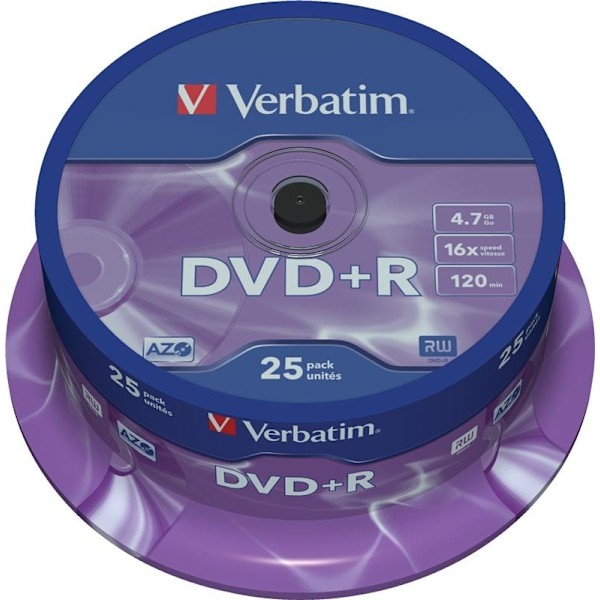 Verbatim DVD+R, 16x, 4,7 GB/120 min, 25-pack spindel, AZO (43500)