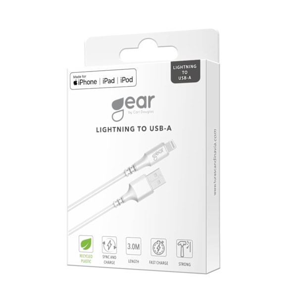 GEAR Rundt ladekabel Lightning til USB-A 3m Hvid MFI