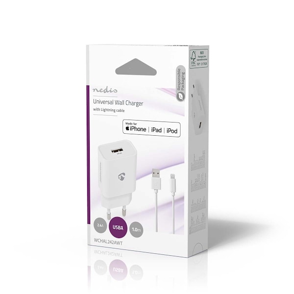 Nedis Väggladdare | 12 W | Snabbladdnings funktion | 1x 2.4 A A | Antal utgångar: 1 | USB-A | Lightning 8-Pin (Lös) Kabel | 1.00 m | Single Voltage Ou