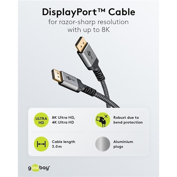 Goobay DisplayPort-kabel, DP 1.4, 3 m, Sharkskin Grey Displayport™ plugg > Displayport™ plugg