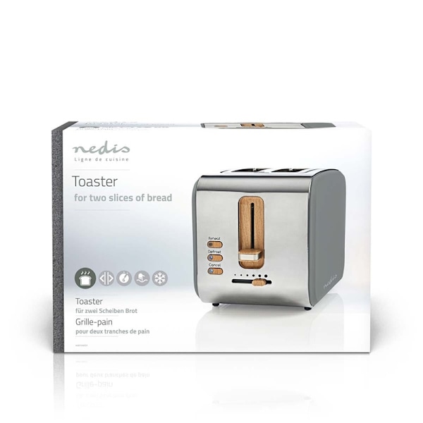 Nedis Brødrister | Soft Touch-serie | 2 Brødskiver | 2 Pladser | Niveau: 6 | Optøningsfunktion | Grå