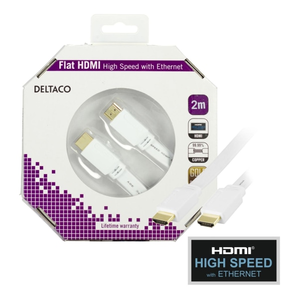 DELTACO HDMI v1.4 kaapeli 4K, Ethernet,3D, paluu, litteä valk,2m