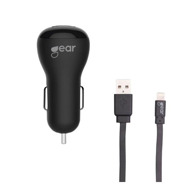 GEAR Lader 12/24V 2xUSB 2,4A + Lightning Kabel 1.0m MFI Sort