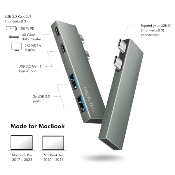 LogiLink Dual USB 3.2 Gen2x2-hub 4-portar PD 100W