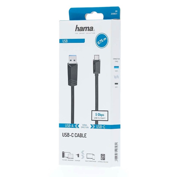 Hama Kabel USB-C - USB-A USB 3.2 5 Gbit/s 0.75m Sort