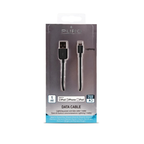 Puro USB-A - Lightning MFI kabel, 1m, sort