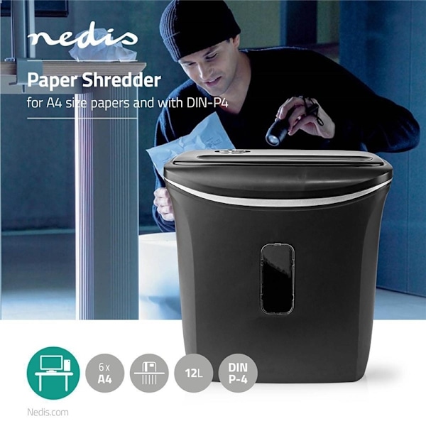 Nedis makulator | 6x A4 sider | 12 l | Sikkerheds standard: DIN 4 | 300 W | Sort