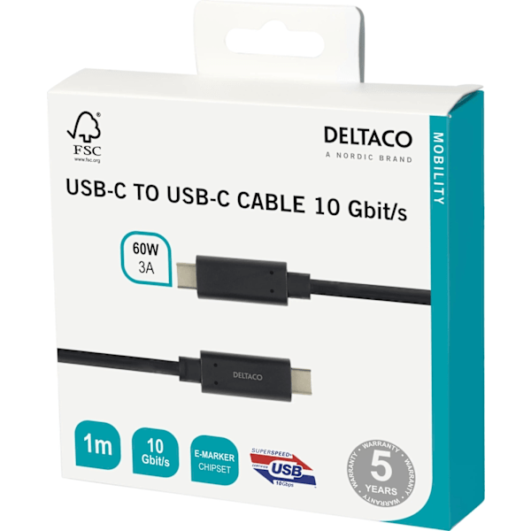 DELTACO USBC 3.1 GEN2 10Gbps/3A/E-marker 1m