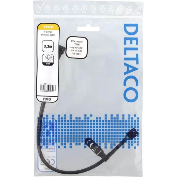 Deltaco Extension cable for 4-pin fans 0.3m, black