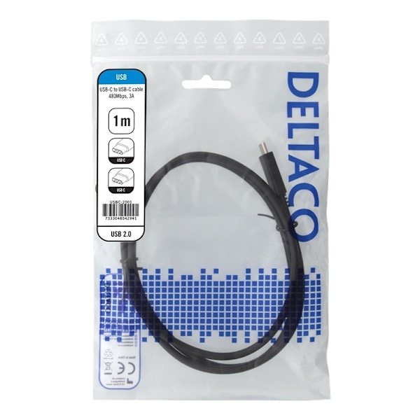 DELTACO USB 2.0 -kaapeli, Type C - Type C, 1m, musta