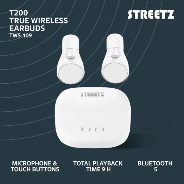 STREETZ True Wireless stay-in-ear, dual earbuds, charge case, wh Vit