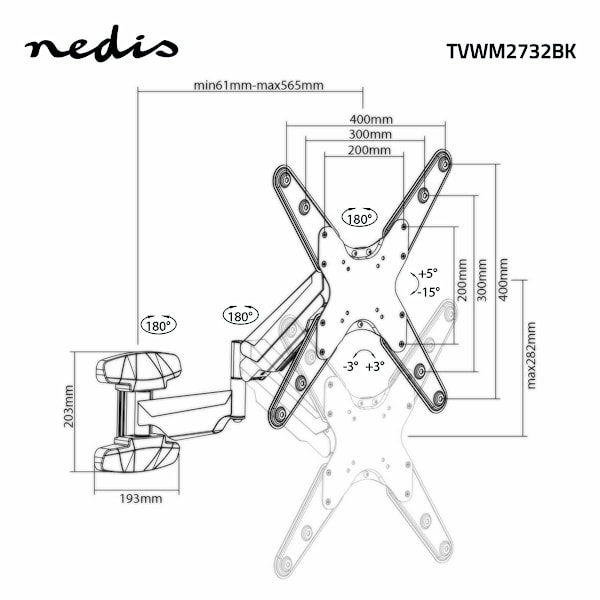Nedis Vertikaalinen TV-Seinäteline | 23 - 55 " | Maksimi tuettu näytön paino: 30 kg | Pystysuora liikerata: 0-282 mm | Minimi etäisyys seinästä: 61 mm