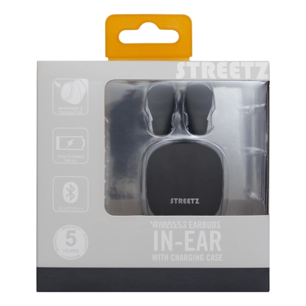 Streetz T200 True Wireless in-ear, kaksi kuuloketta, latauskotelo, sis Svart