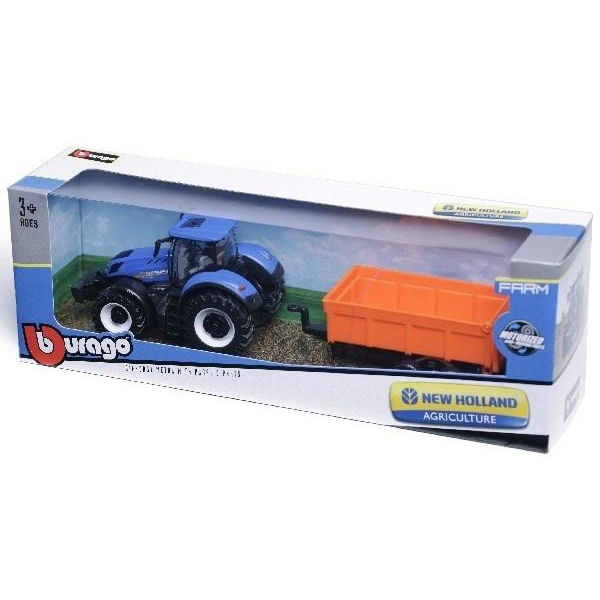 BURAGO Tractor w/tipping trailer N.H T7.615 10cm blue