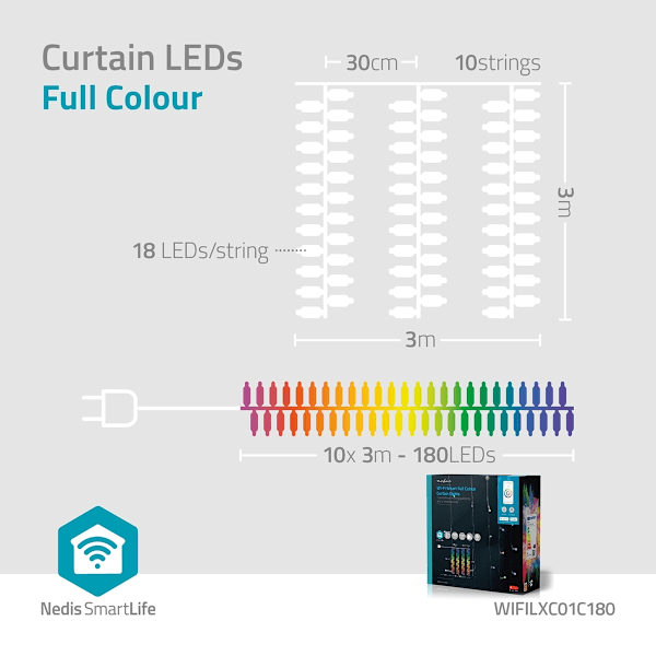 Nedis SmartLife Jouluvalot | Verho | Wi-Fi | RGB | 180 LED's | 3 m | Android™ / IOS
