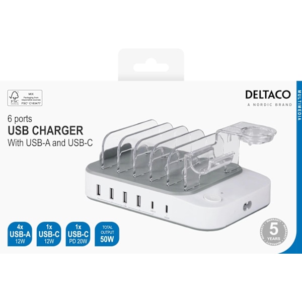 Deltaco USB charging station, 4x USB-A, 1x USB-C 2.4A, 1x US