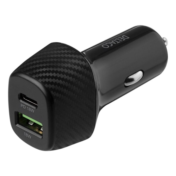DELTACO USB car charger, 1x USB-C, PD 18 W, 1x USB-A, 18 W, total 36 W Svart