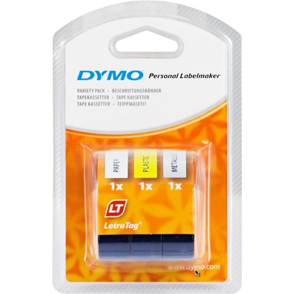 DYMO LetraTag muoviteippi, kelt/hopea/valk (1/väri), 12mm, 4m - 91241