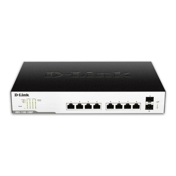 D-Link nätverksswitch, 8xRJ45, 2xSFP, PoE plus, Gigabit, svart/silver