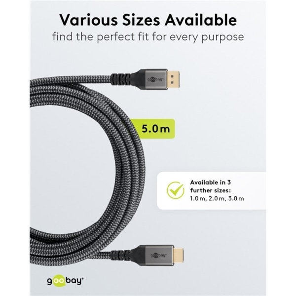 Goobay DisplayPort™ till HDMI™-kabel, 5 m, Sharkskin Grey Displa