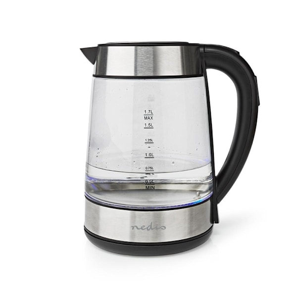 Nedis Elkedel | 1.7 l | Glas | Gennemsigtig | 60,70,80,90,100 °C | Temperaturindikator | Drejelig 360 grader | Skjult varmeelement | Strix®-controller