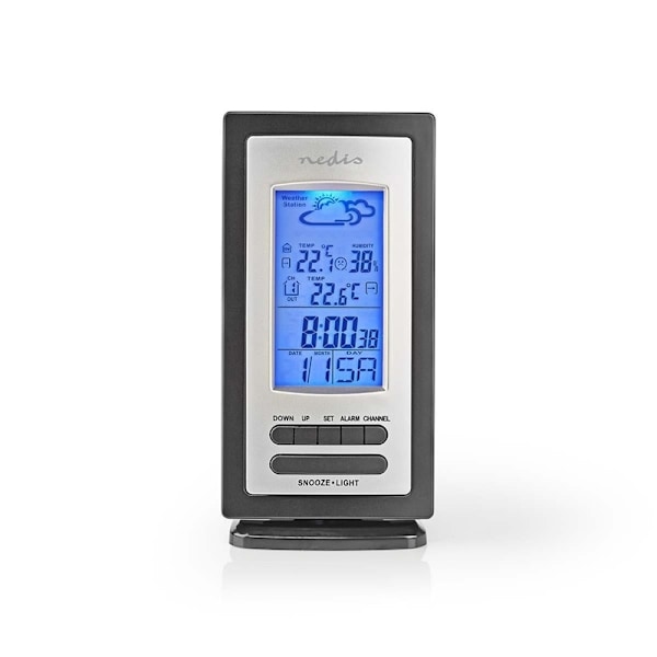 Nedis Väderstation | Inomhus & utomhus | Inklusive trådlös vädersensor | Väderprognos | Tidsdisplay | LCD-skärm | Alarmklockfunktion