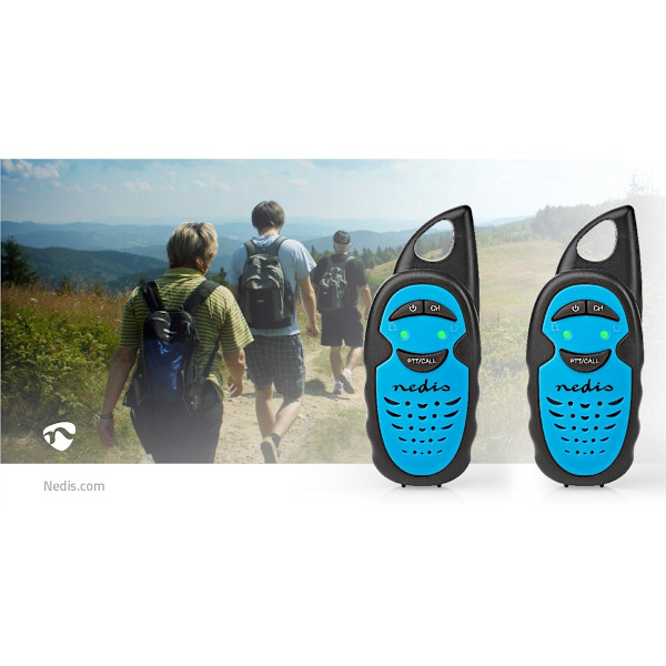 Nedis Walkie-talkie Set | 2 Håndsæt | Op til 3 km | Frekvens kanaler: 3 | PTT | Op til 3 Timer | Blå / Sort