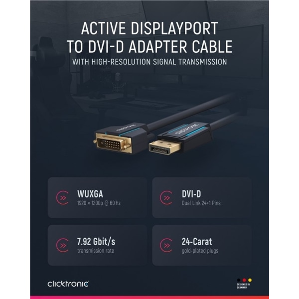 ClickTronic-sovitinkaapeli aktiiviseen DisplayPort™- ja ​​DVI-D Premi -liitäntään