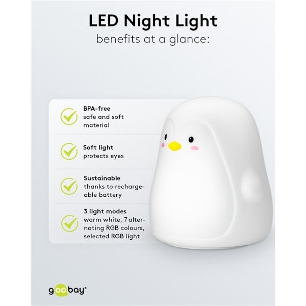 Goobay LED-nattlampa "Pingvin" varmvitt ljus och 7 färgskiftningar (RGB-ljus), med 3 ljuslägen, beröringssensor och Li-ion-batteri (3,7 V/1200 mAh), t