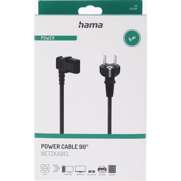 Hama Strømkabel vinklet 3-benet, Sort 5.0m