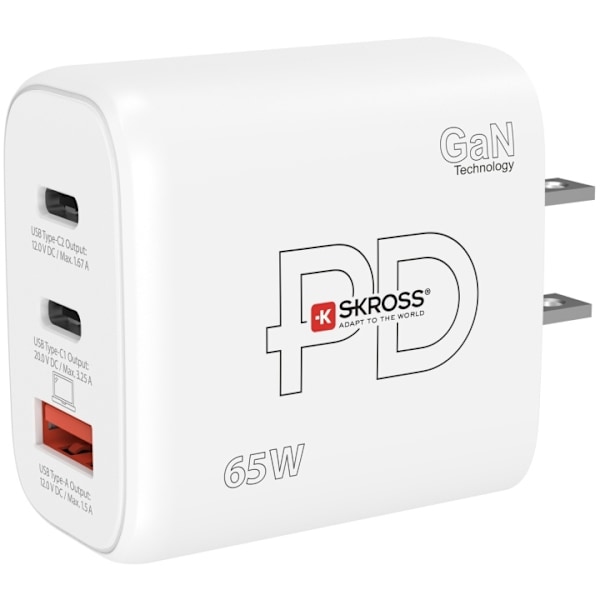 SKROSS Power Charger US/Japan mfl. 2xUSB-C PD + 1xUSB-A GaN 65W Valkoinen