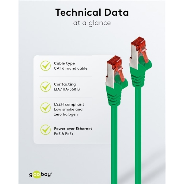 Goobay Patchkabel CAT 6, S/FTP (PiMF), grön, 5 m kopparledare (CU), halogenfri kabelhölje (LSZH)