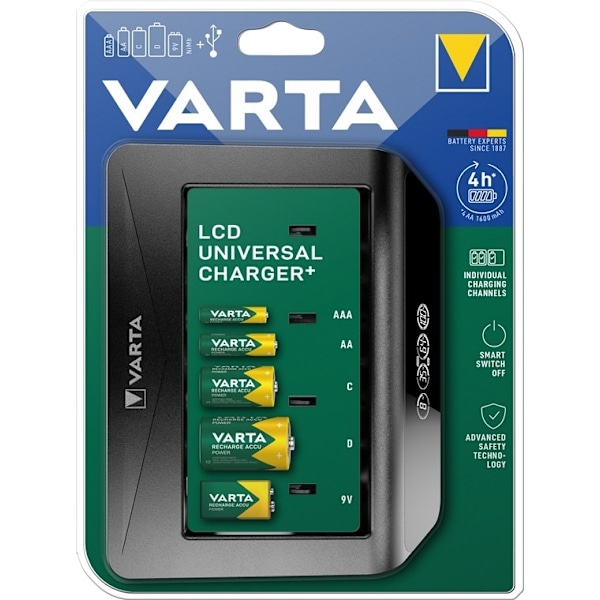 Varta LCD Universal Charger+ (type 57688) oplader 1x 9 V-batteri eller op til 4x AA-batterier, AAA-batterier, C- eller D-batterier (NiMH) samtidigt